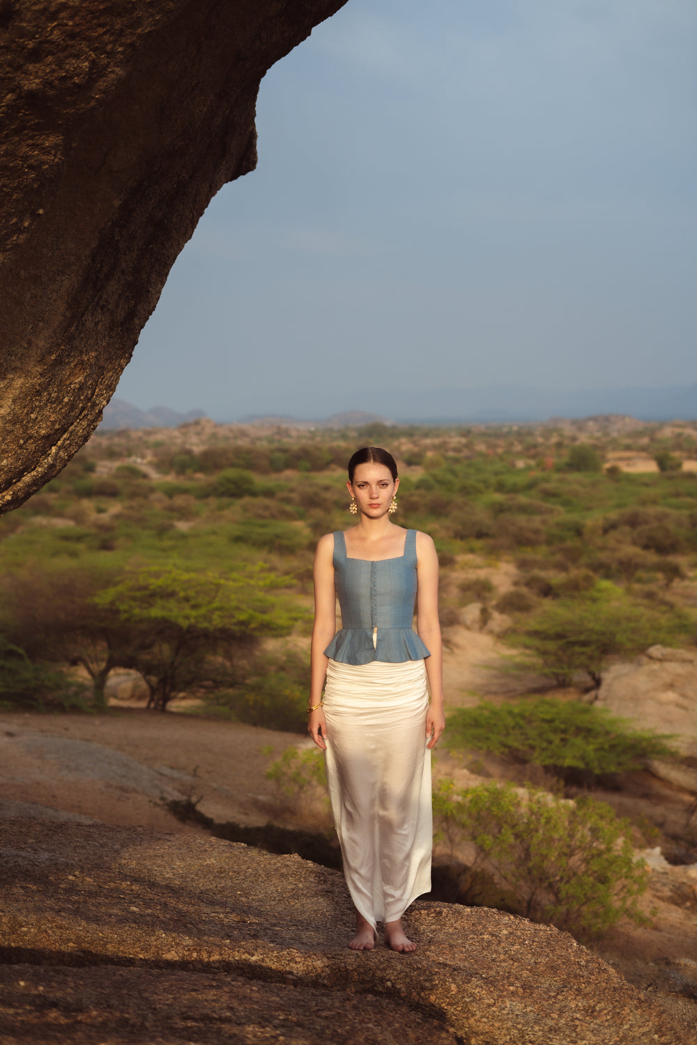 Ada Back Embroidered Corset: Blue-Grey Peplum Top