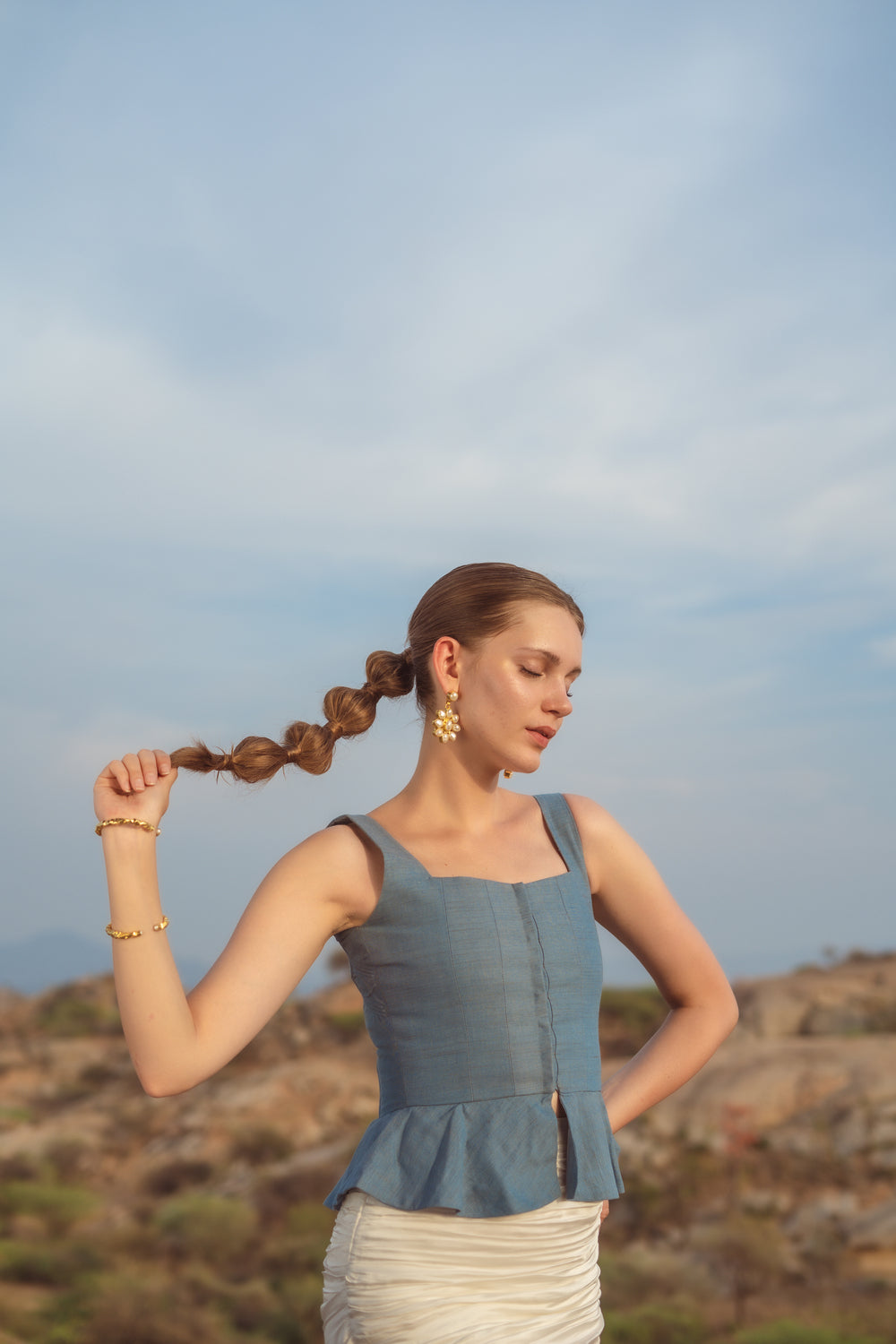 Ada Back Embroidered Corset: Blue-Grey Peplum Top