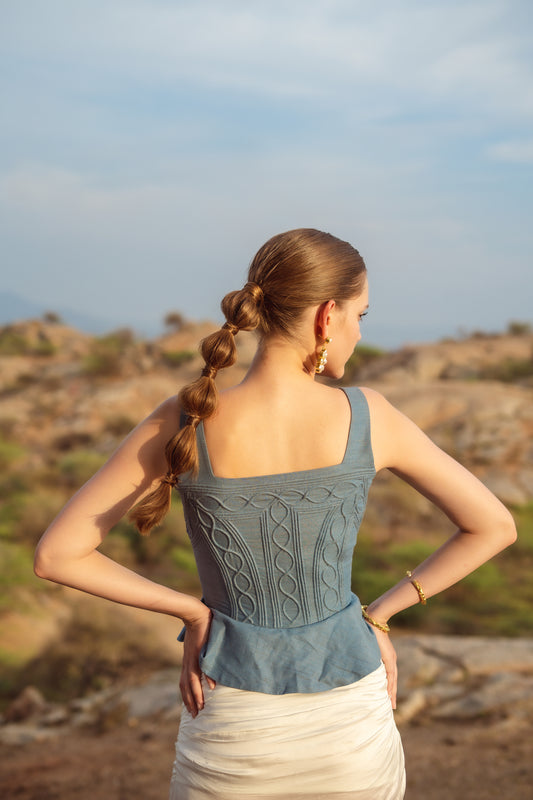 Ada Back Embroidered Corset: Blue-Grey Peplum Top