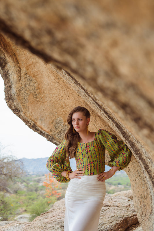 Amiira : Round Neck Corset Top In Fuller Sleeves