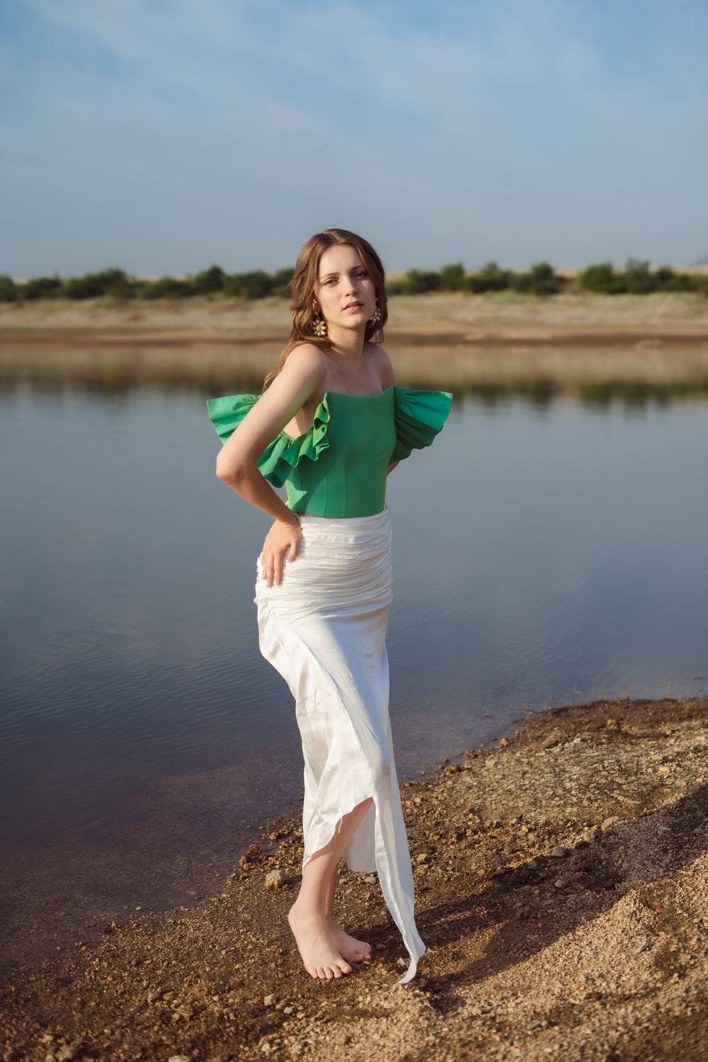 Dahlia corset: Green Corset With Downward- Pleated Sleeves
