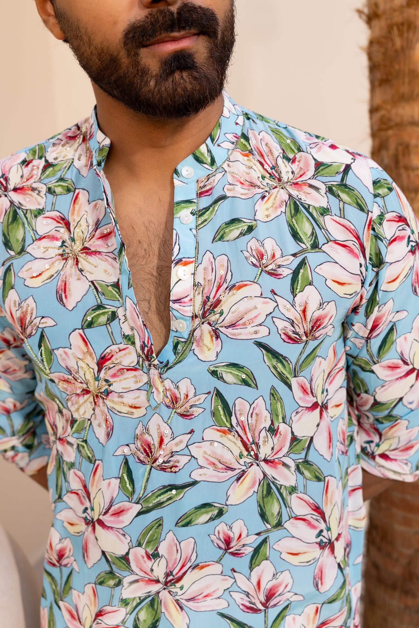 Sky Blue Bloom Hand Embroidered Kurta