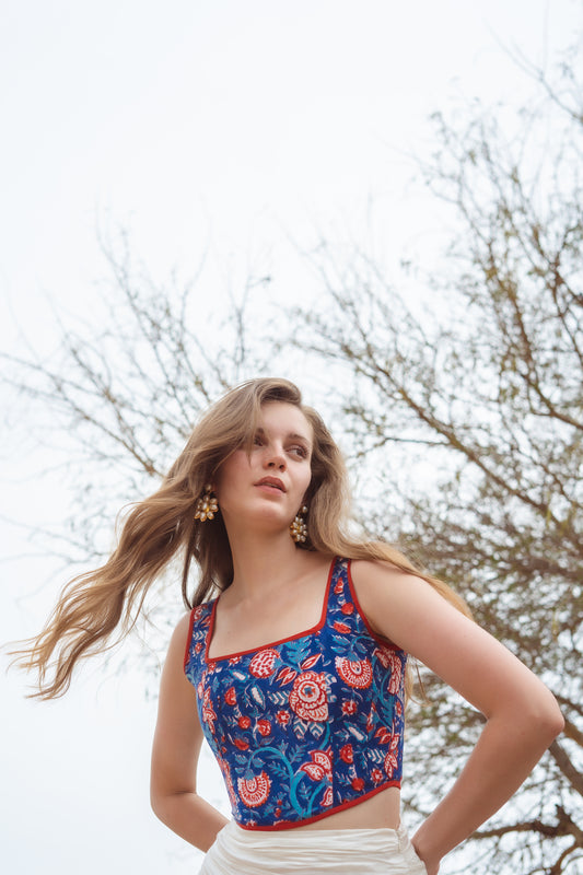Gulnar Corset: Block Printed, Red and Blue Contrast Top