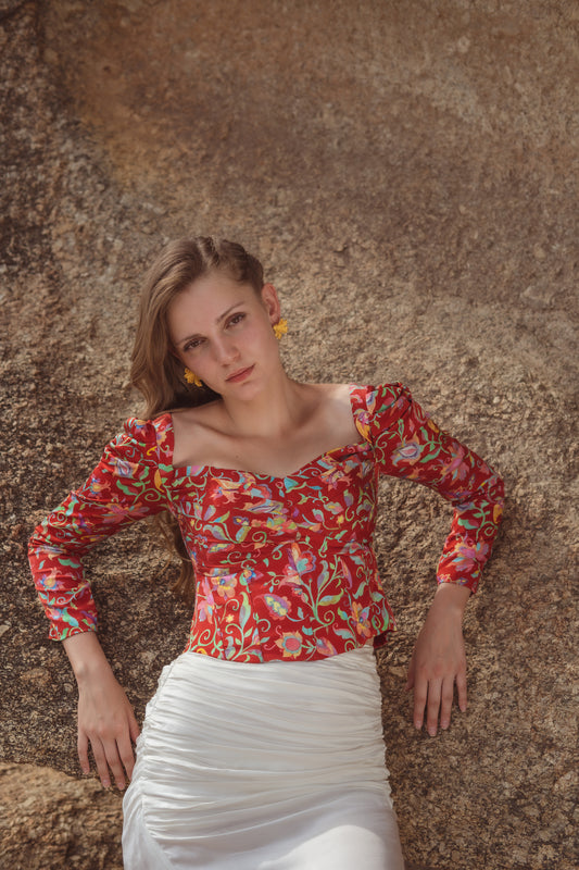 Ivy Pleated Corset: Floral Printed Corset In Full Sleeves