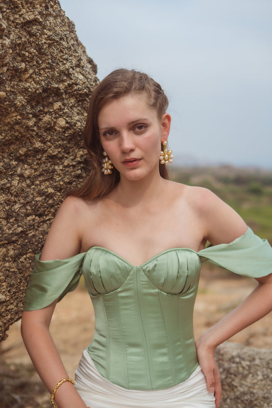 Sage Ice: Off-shoulder pleated corset
