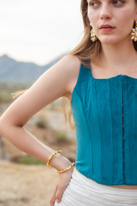 Teal Deal: Inverted heart shaped Suede Corset