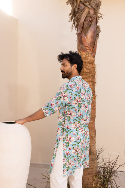 Sky Blue Bloom Hand Embroidered Kurta