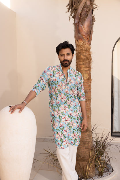 Sky Blue Bloom Hand Embroidered Kurta