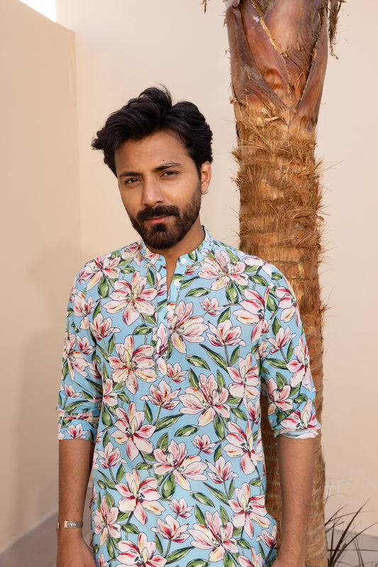 Sky Blue Bloom Hand Embroidered Kurta