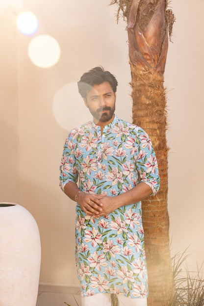 Sky Blue Bloom Hand Embroidered Kurta