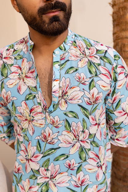 Sky Blue Bloom Hand Embroidered Kurta
