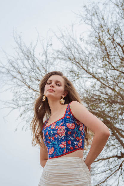 Gulnar Corset: Block Printed, Red and Blue Contrast Top
